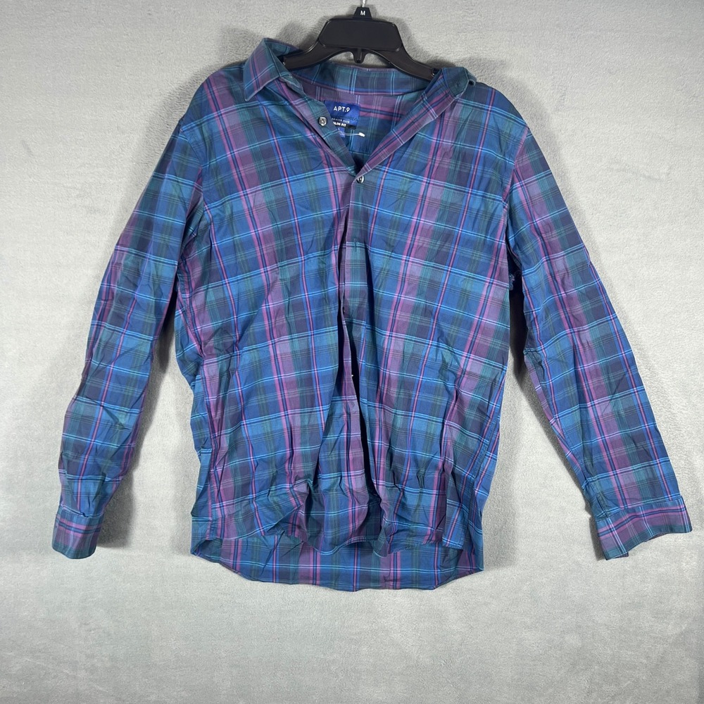 Apt 9 Mens Button Down Shirt L 16-16.5 34/35 Blue Purple Plaid Slim Fit LS